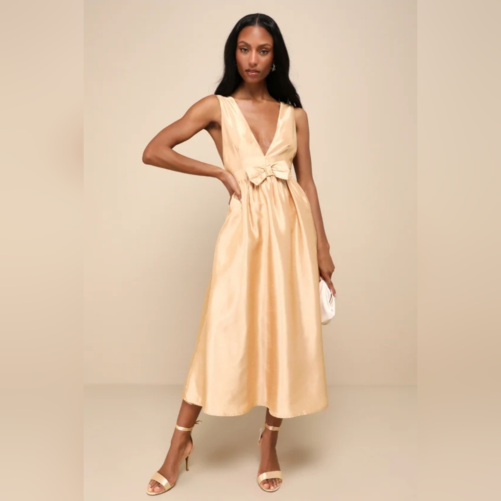 Lulus Destiny gold bow midi dress